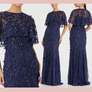 NWT $698 Mac Duggal [ 10 ] 93653 Embellished Cape Sleeve Trumpet Gown Blue Q1002
